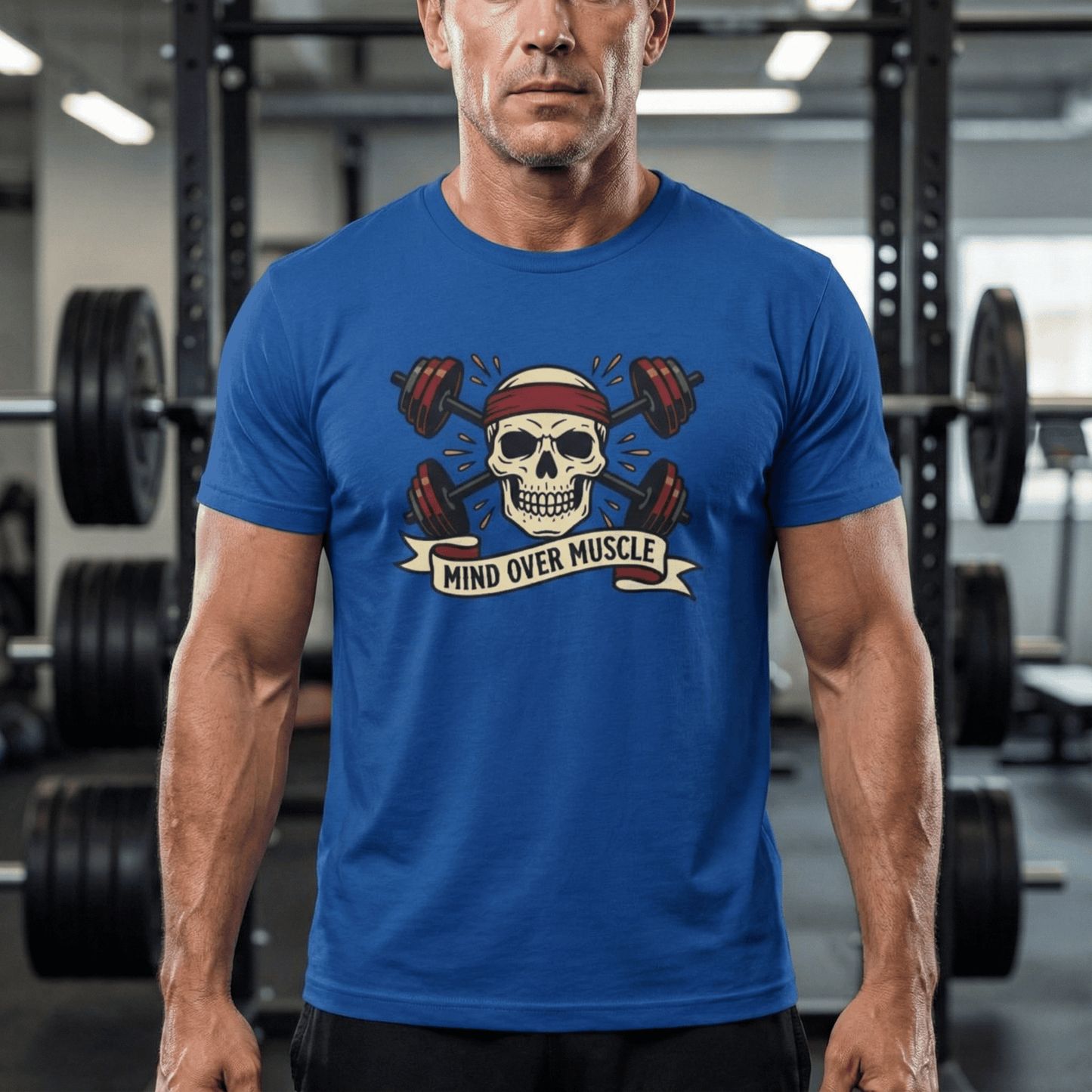Man wearing a blue t-shirt with a skull design and 'Mind Over Muscle' text in a gym.