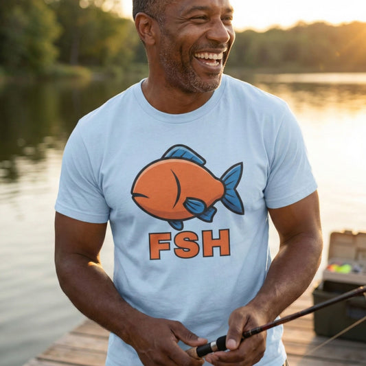 Man wearing a light blue t-shirt with a fish graphic and 'FISH' text, standing by a lake.