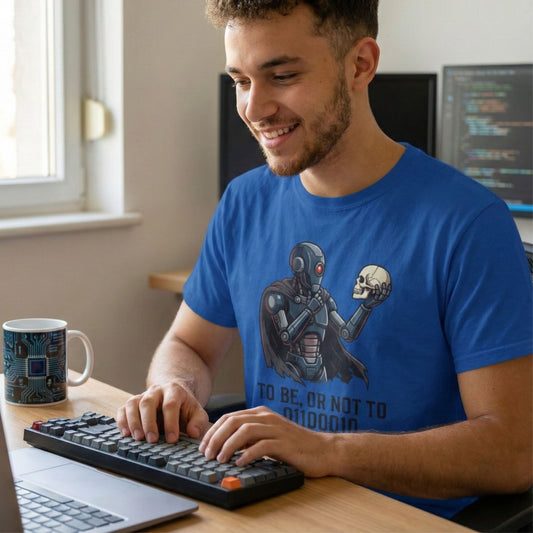 Man wearing a blue t-shirt with a robot and skull design, sitting at a desk using a computer.