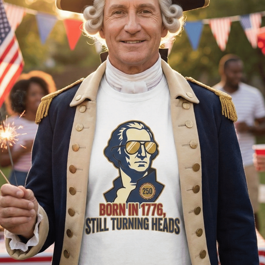 Person in historical costume with a t-shirt featuring a graphic and text, holding a sparkler.