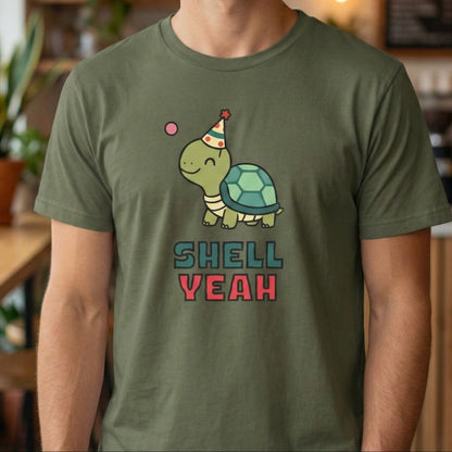 Person wearing a green t-shirt with a turtle graphic and 'Shell Yeah' text in a casual setting.