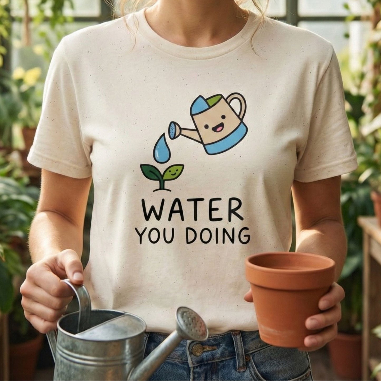 Person wearing a t-shirt with a water-themed design in a plant-filled room.