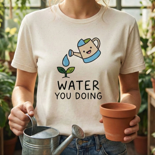 Person wearing a t-shirt with a water-themed design in a plant-filled room.