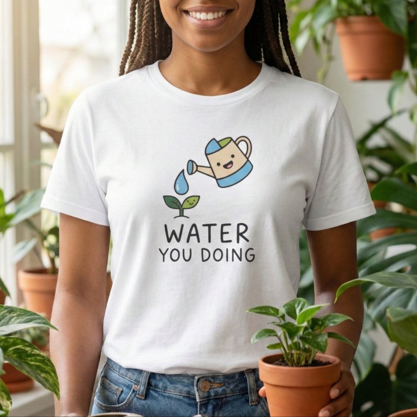 Person wearing a white t-shirt with a graphic and text, holding a potted plant in a room with plants.