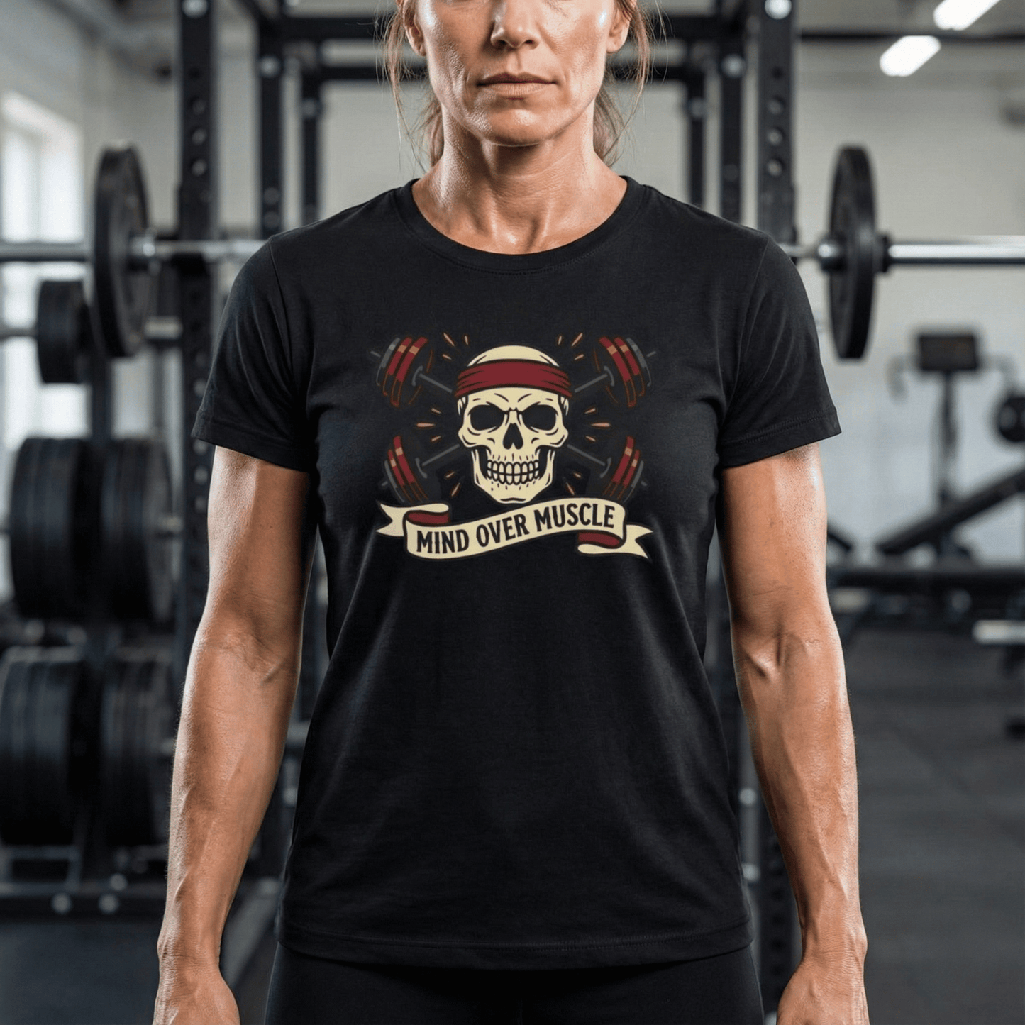 Person wearing a black t-shirt with a skull design and 'Mind Over Muscle' text in a gym setting.
