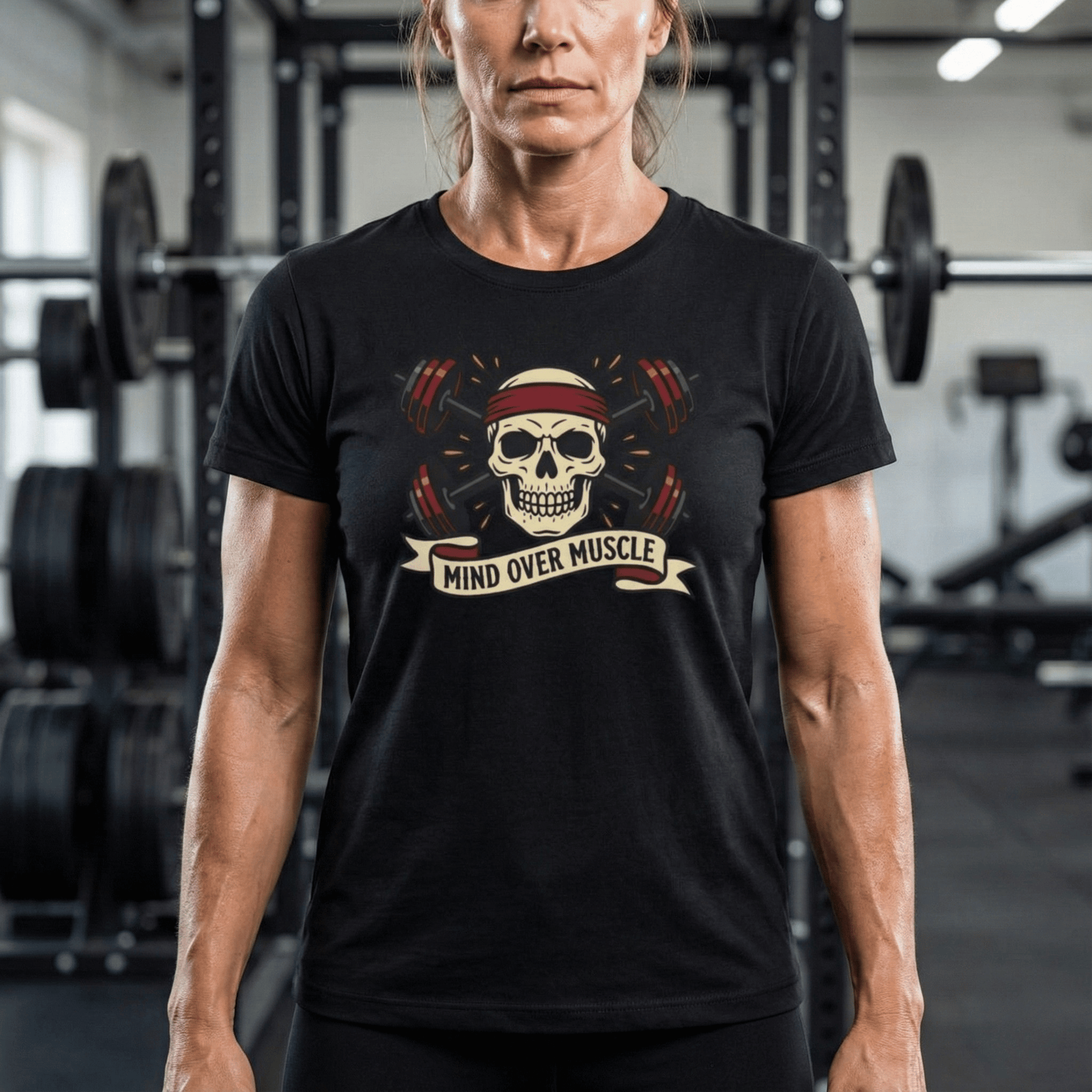 Person wearing a black t-shirt with a skull design and 'Mind Over Muscle' text in a gym setting.