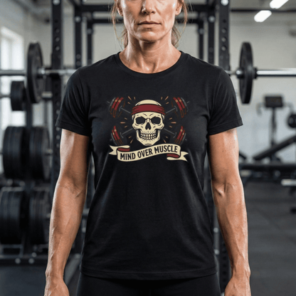 Person wearing a black t-shirt with a skull design and 'Mind Over Muscle' text in a gym setting.
