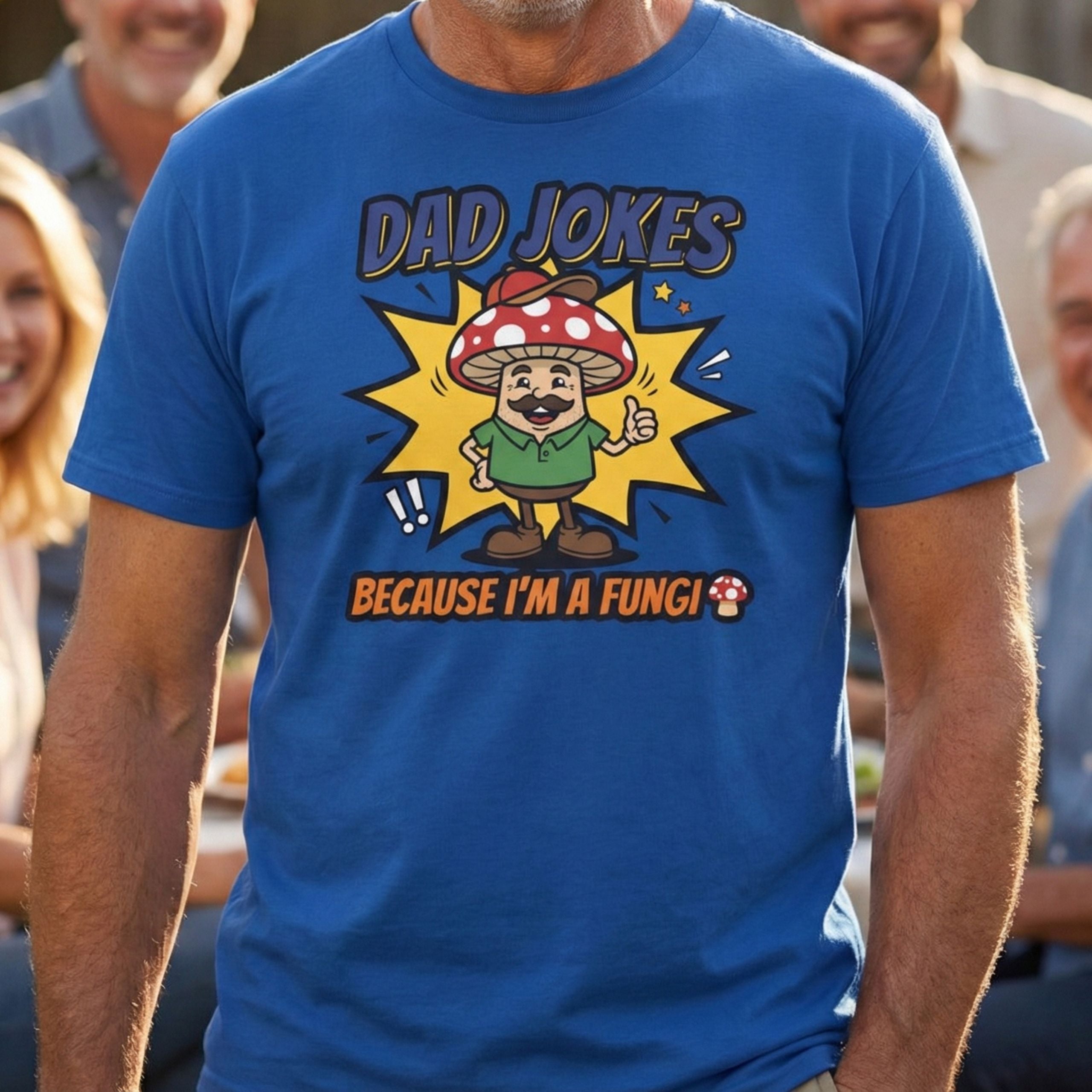 Person wearing a blue t-shirt with a 'Dad Jokes' graphic design.