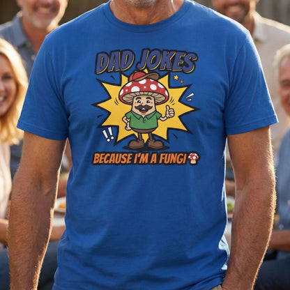 Person wearing a blue t-shirt with a 'Dad Jokes' graphic design.