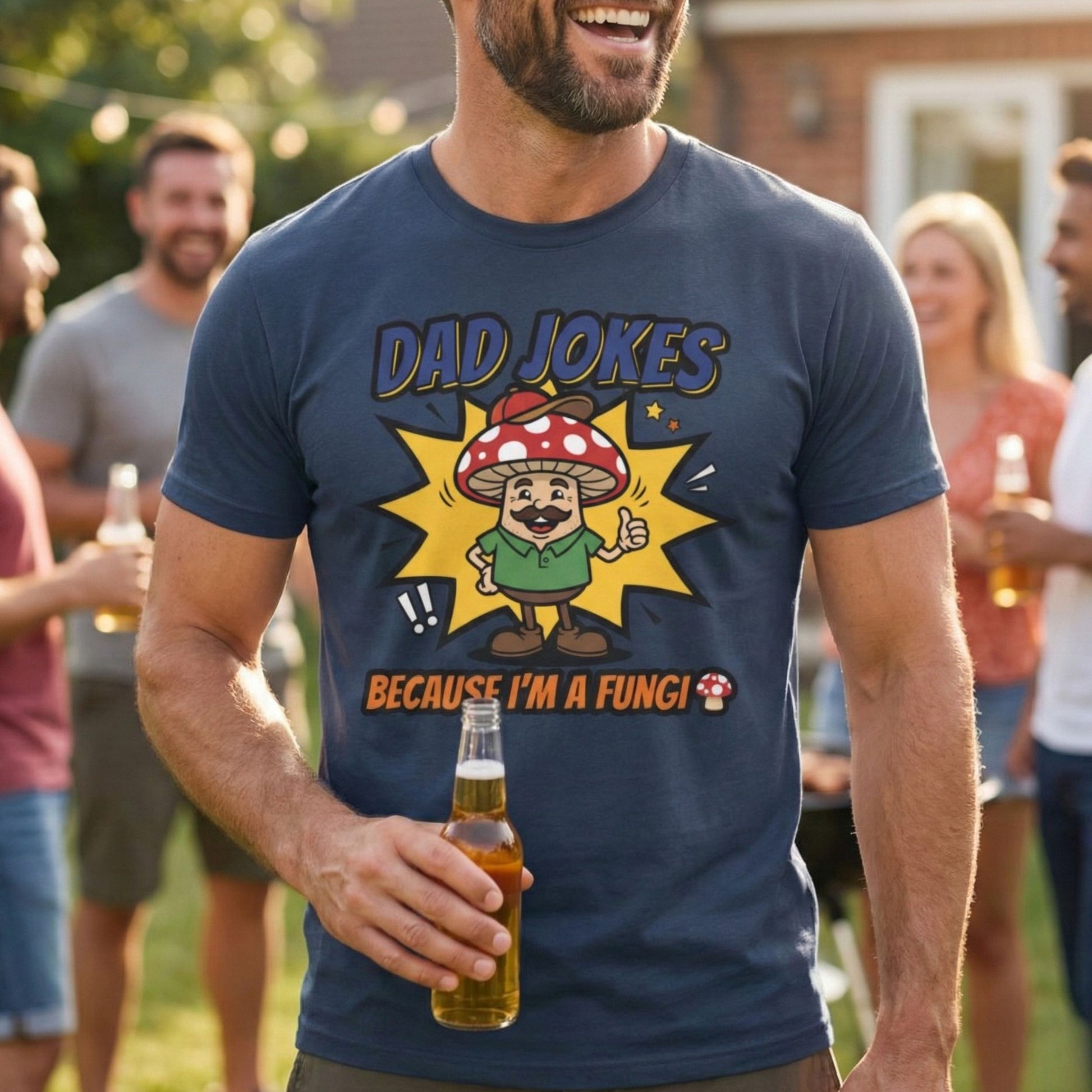 Man wearing a t-shirt with a mushroom graphic and text, holding a beer, standing outdoors with friends.