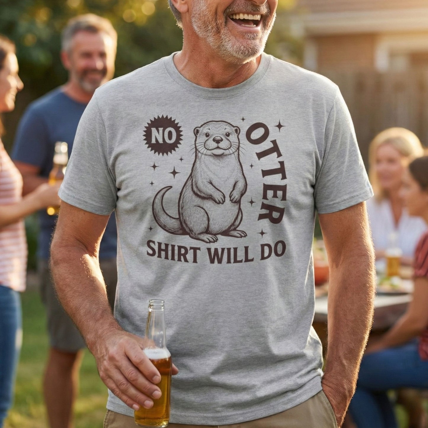 Man wearing a t-shirt with an otter graphic and text, holding a beer, standing outdoors with friends.