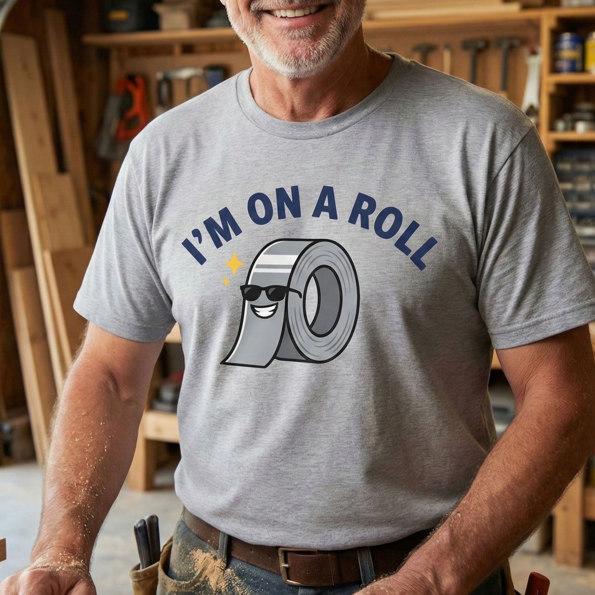 Man wearing a gray t-shirt with 'I'm on a Roll' graphic in a workshop setting