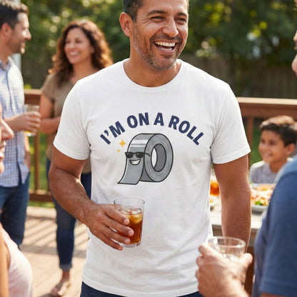 Man wearing a 'I'm on a Roll' t-shirt at an outdoor gathering