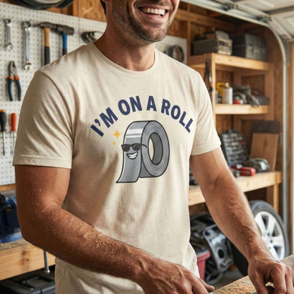 Person wearing a t-shirt with 'I'm on a Roll' graphic in a garage setting