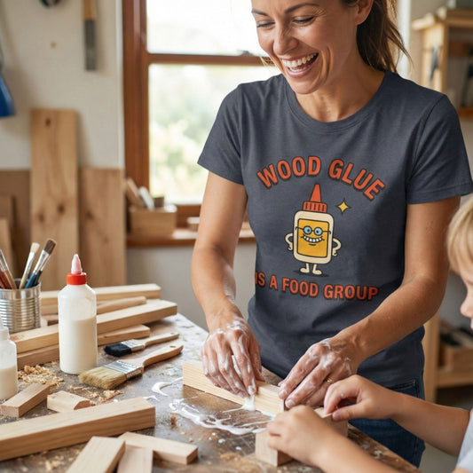 Woman and child working with wood in a workshop, both wearing t-shirts with humorous text.