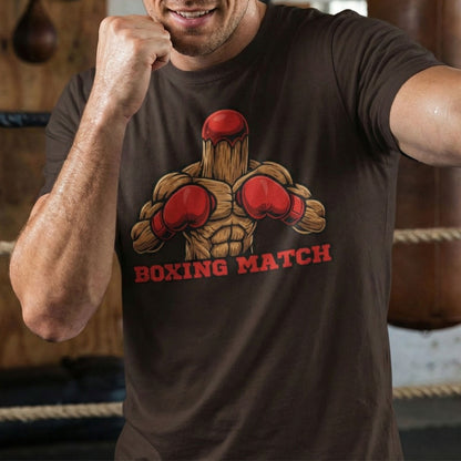 Man wearing a brown t-shirt with a boxing-themed graphic and text, standing in a gym.