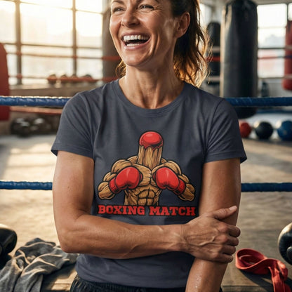 Woman in a boxing ring wearing a t-shirt with a boxing glove design.