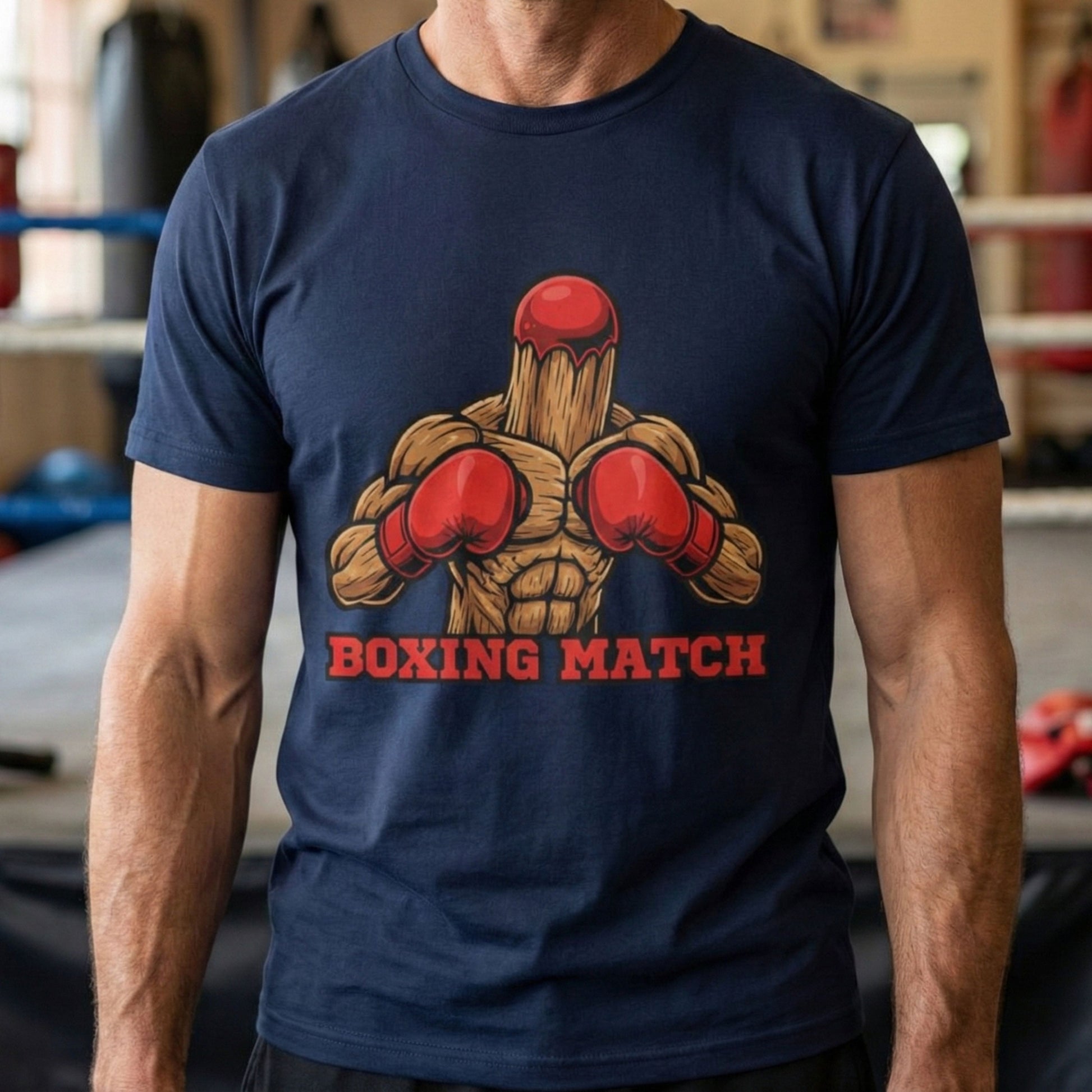 Person wearing a navy blue t-shirt with a boxing-themed graphic and 'Boxing Match' text.