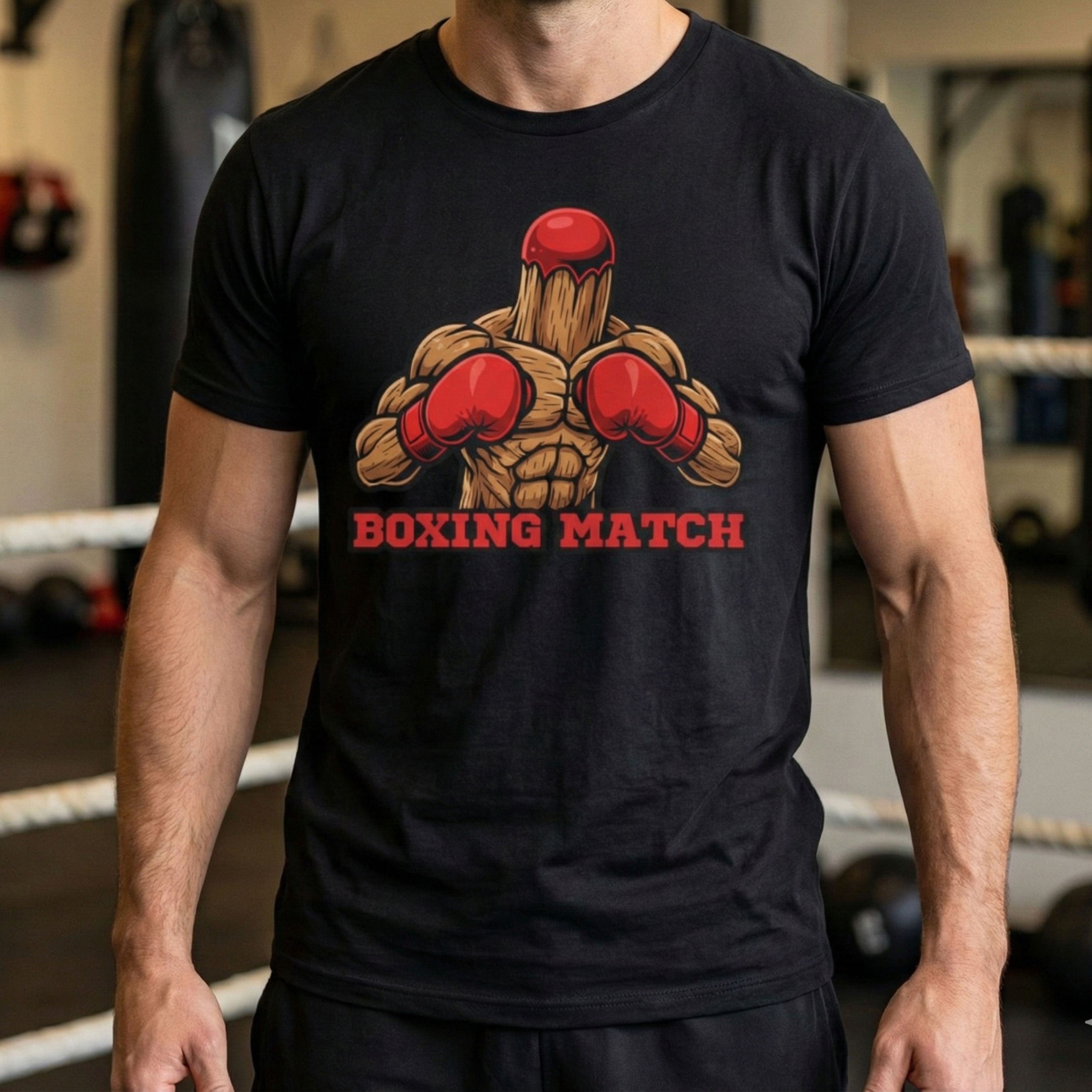 Person wearing a black t-shirt with a boxing-themed graphic and text in a gym setting