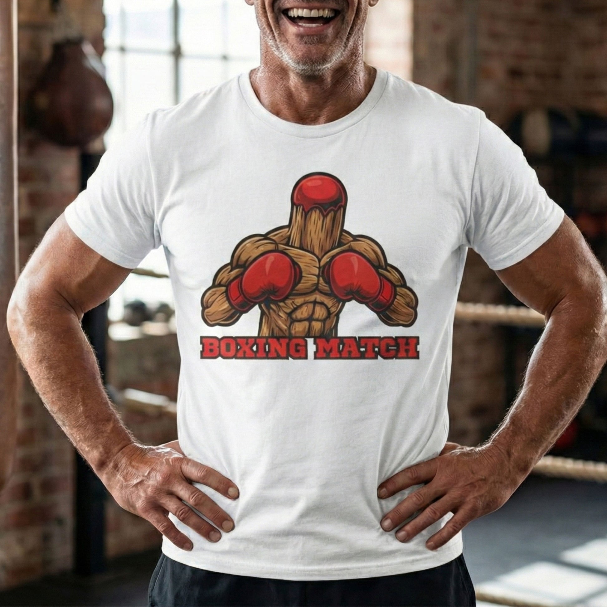 Man wearing a white t-shirt with a boxing graphic and 'Boxing Match' text in a gym setting.