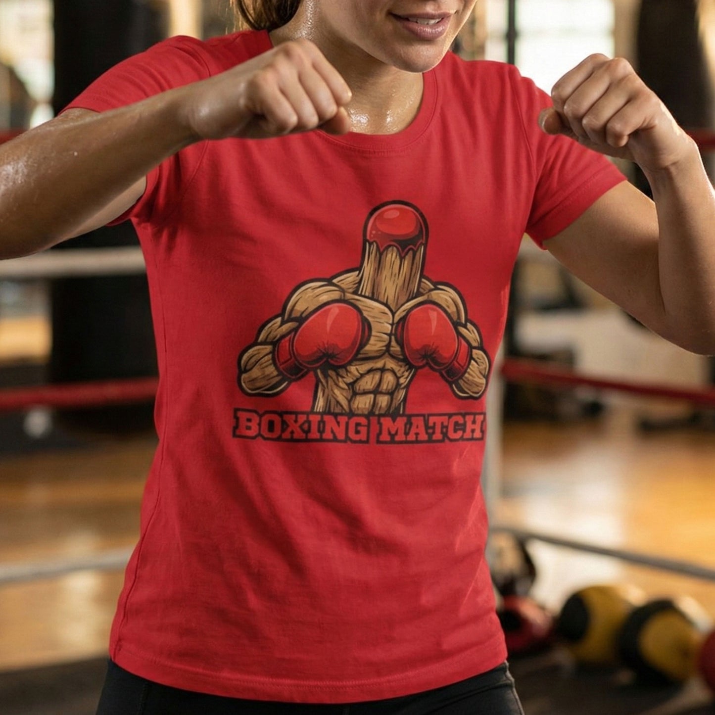 Person wearing a red t-shirt with a boxing graphic and 'Boxing Match' text in a gym setting.