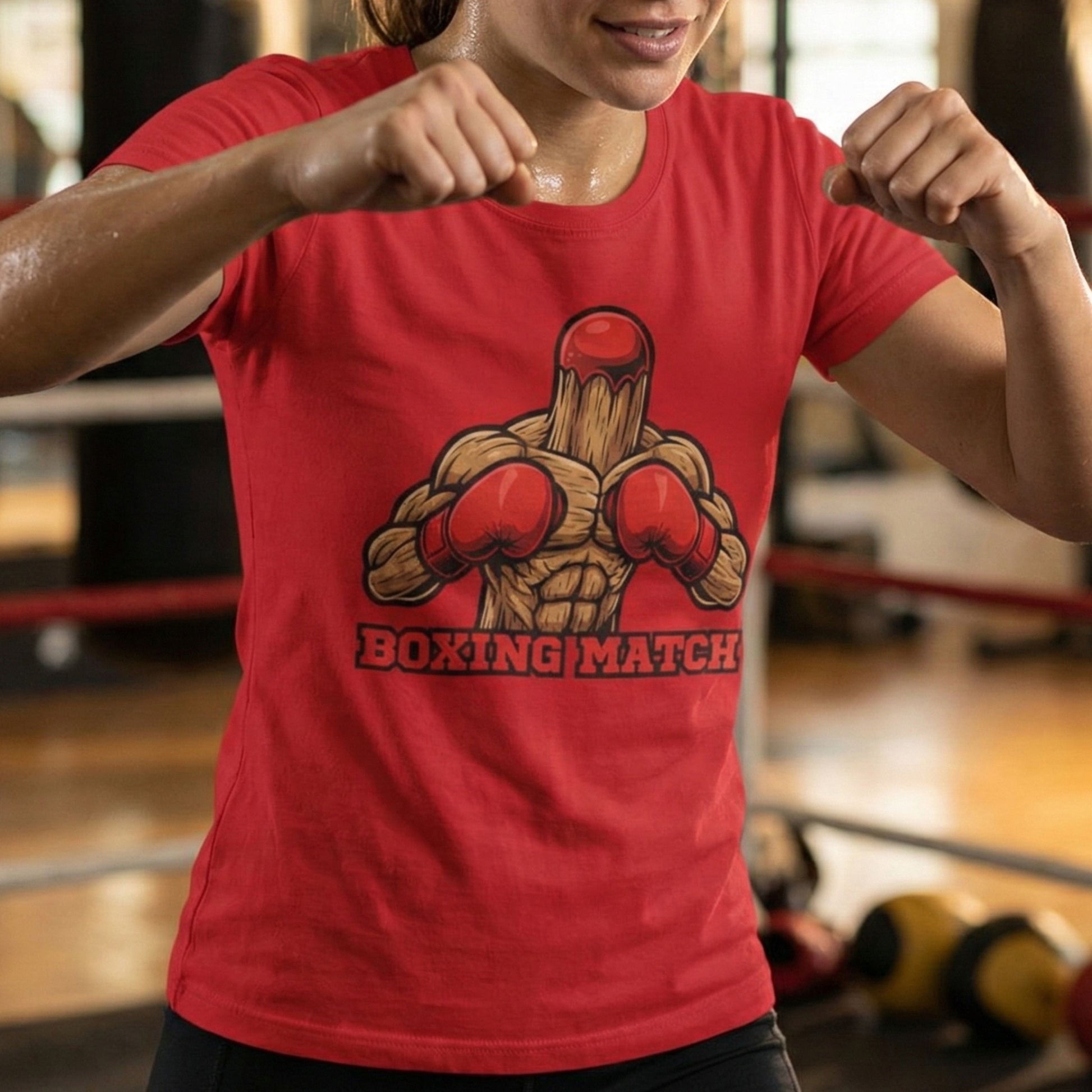 Person wearing a red t-shirt with a boxing graphic and 'Boxing Match' text in a gym setting.