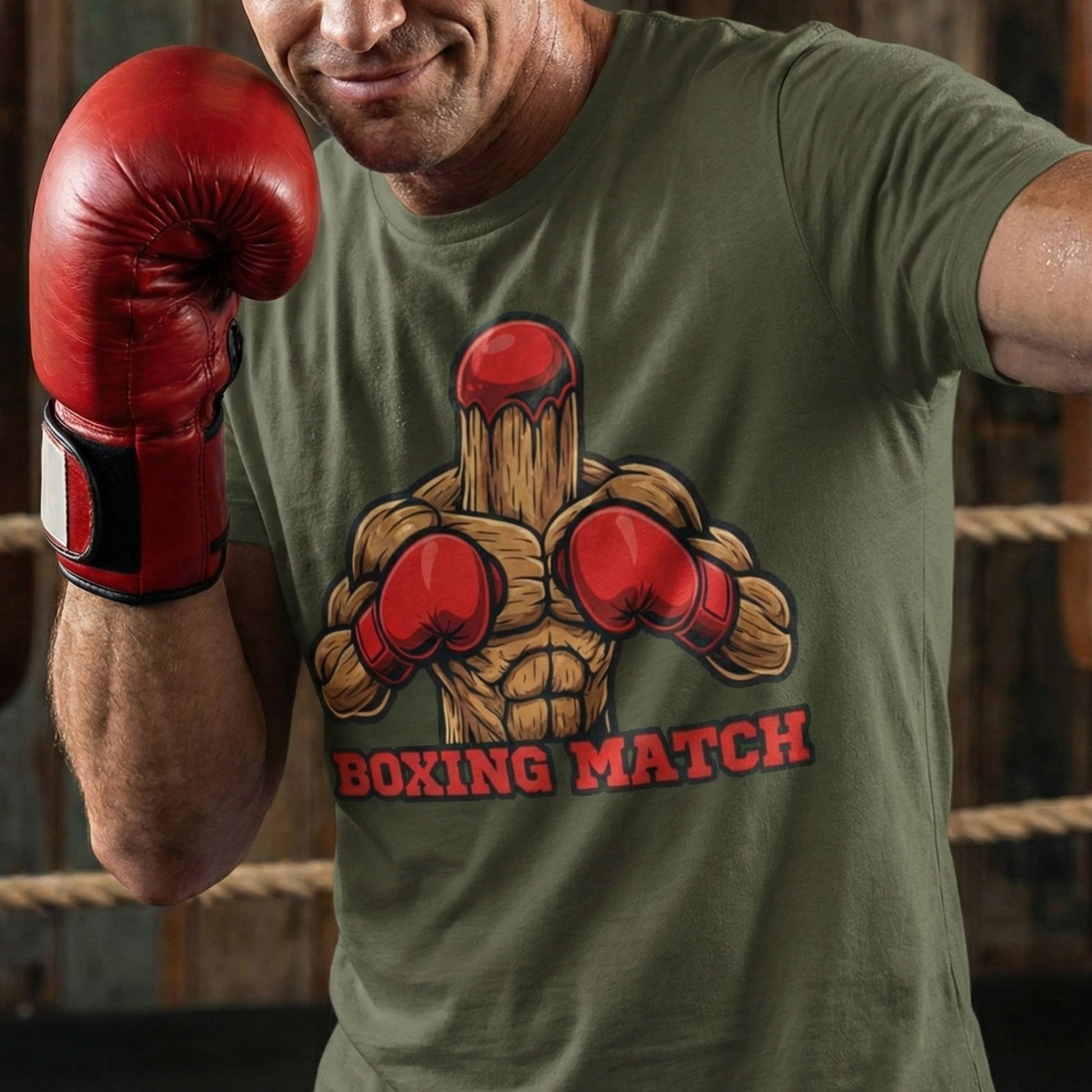 Man wearing a green t-shirt with a boxing glove graphic and 'Boxing Match' text, posing with a red boxing glove.