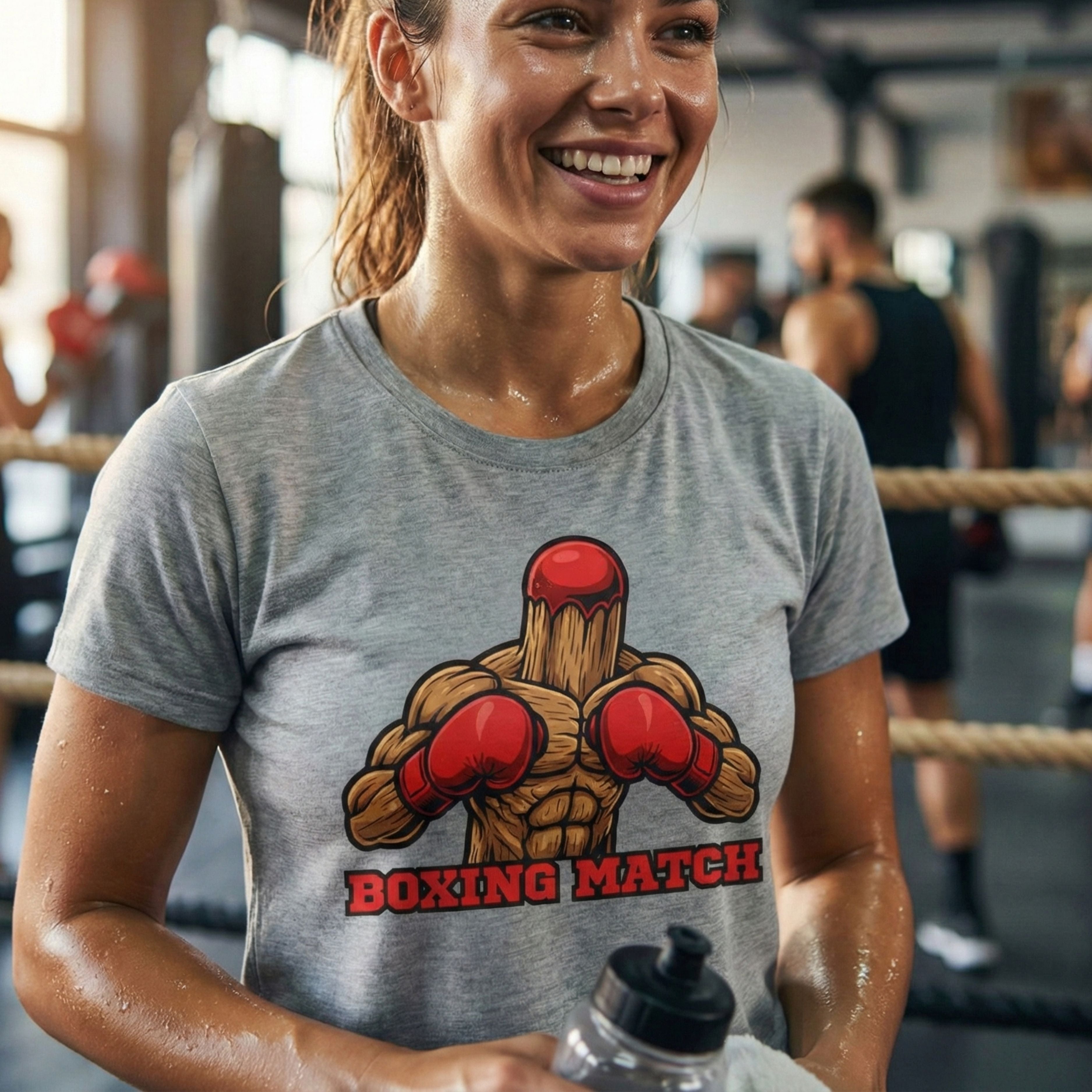 Woman wearing a gray t-shirt with a boxing graphic and 'Boxing Match' text in a gym setting.