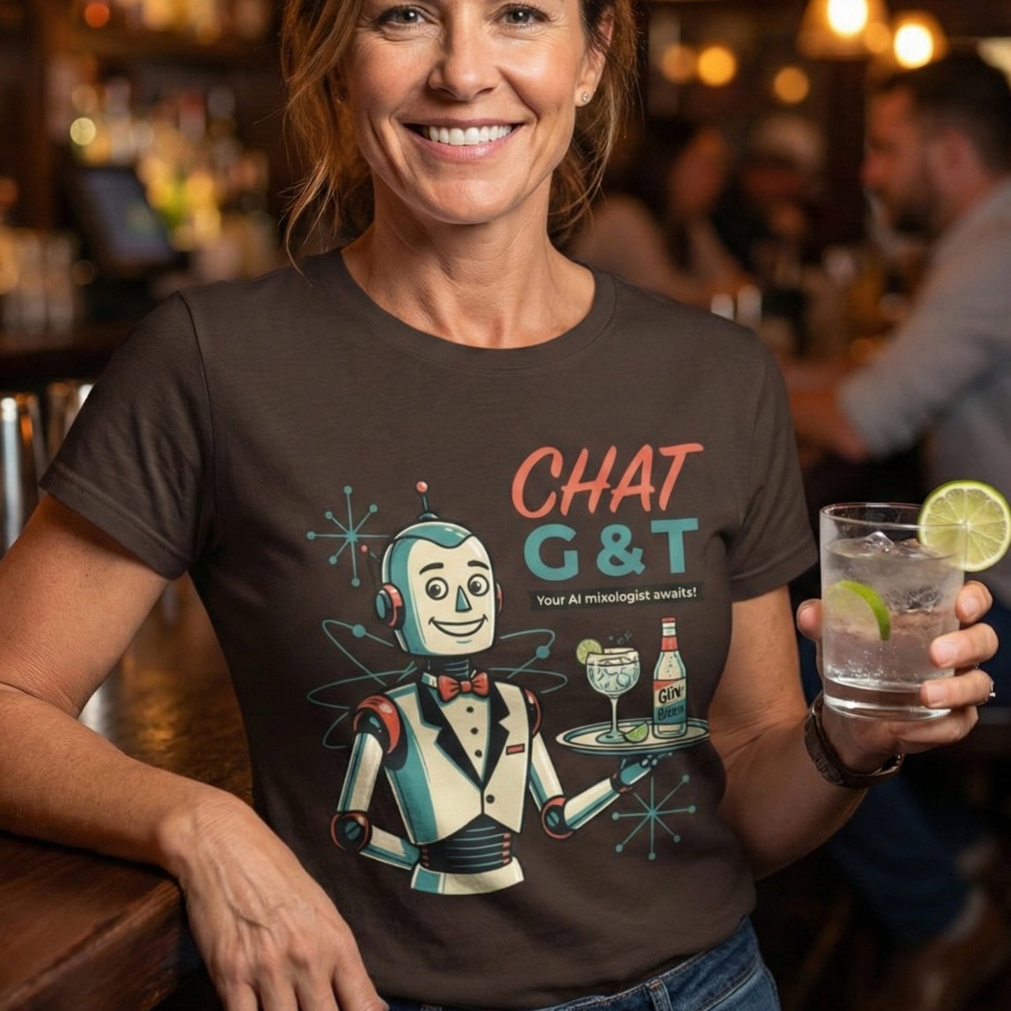 Person wearing a t-shirt with a robot graphic and 'CHAT G&T' text, holding a drink in a bar setting.