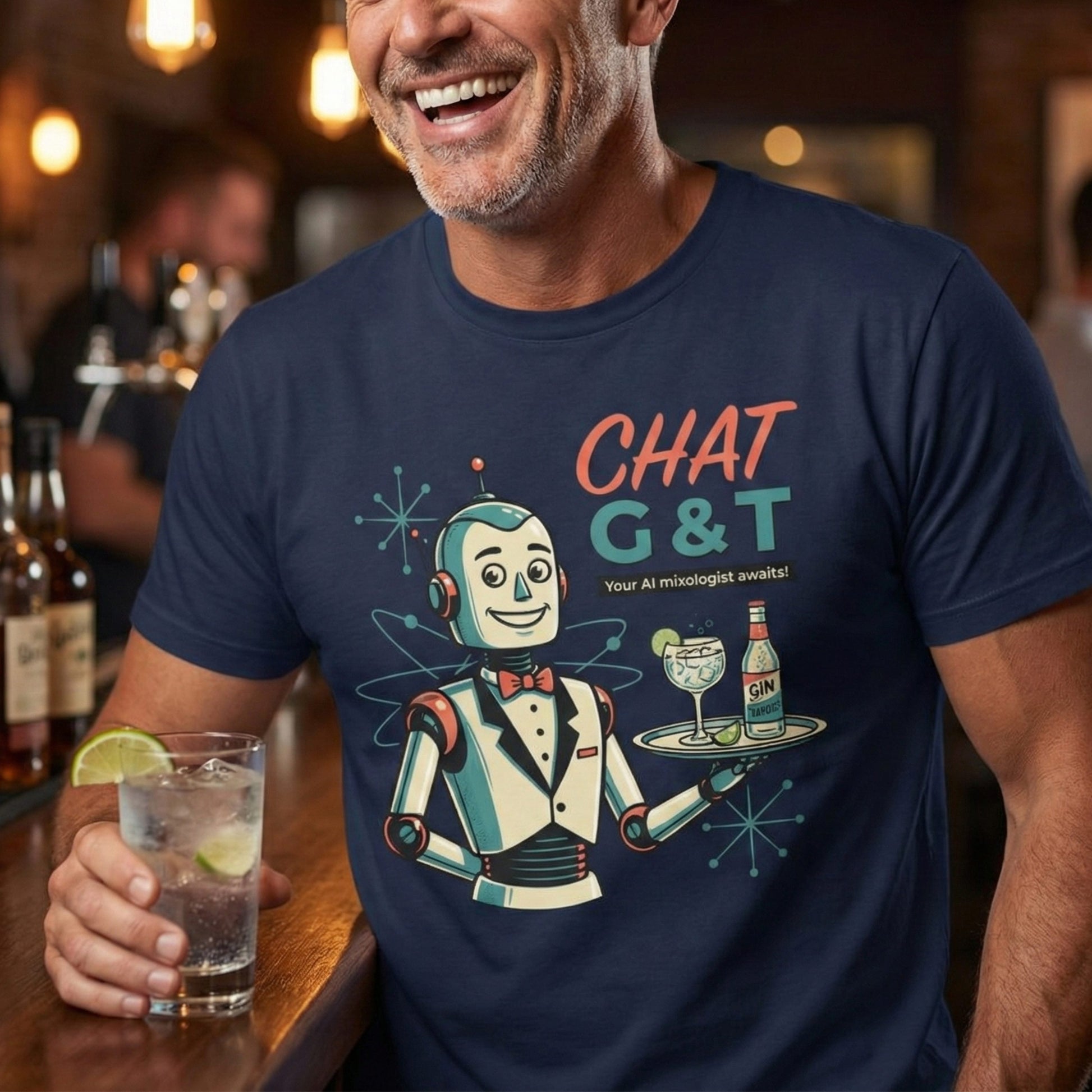 Man wearing a navy blue t-shirt with a robot graphic and 'CHAT G&T' text, holding a drink in a bar setting.