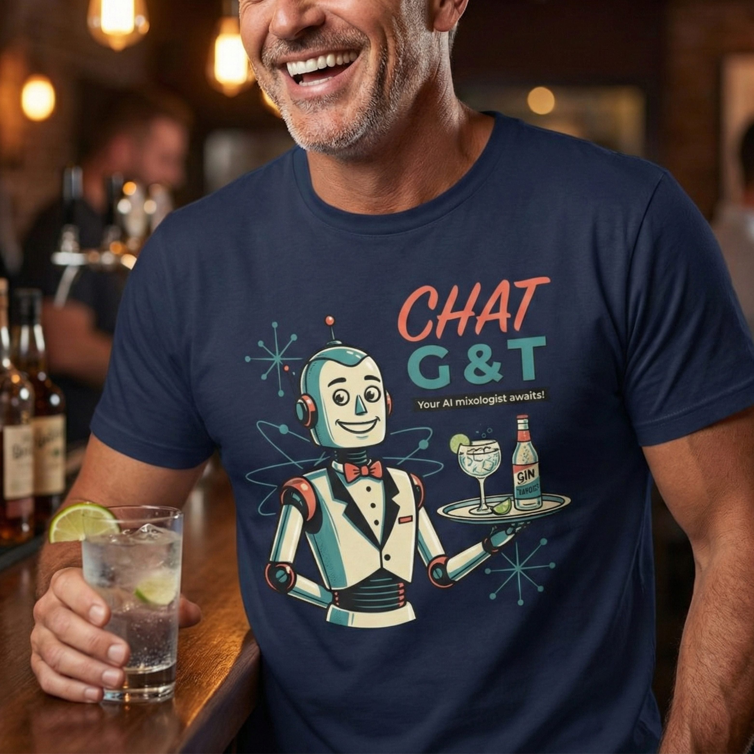 Man wearing a navy blue t-shirt with a robot graphic and 'CHAT G&T' text, holding a drink in a bar setting.
