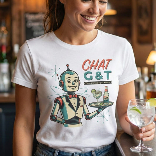 Person wearing a white t-shirt with a robot graphic and 'CHAT G&T' text, holding a drink.