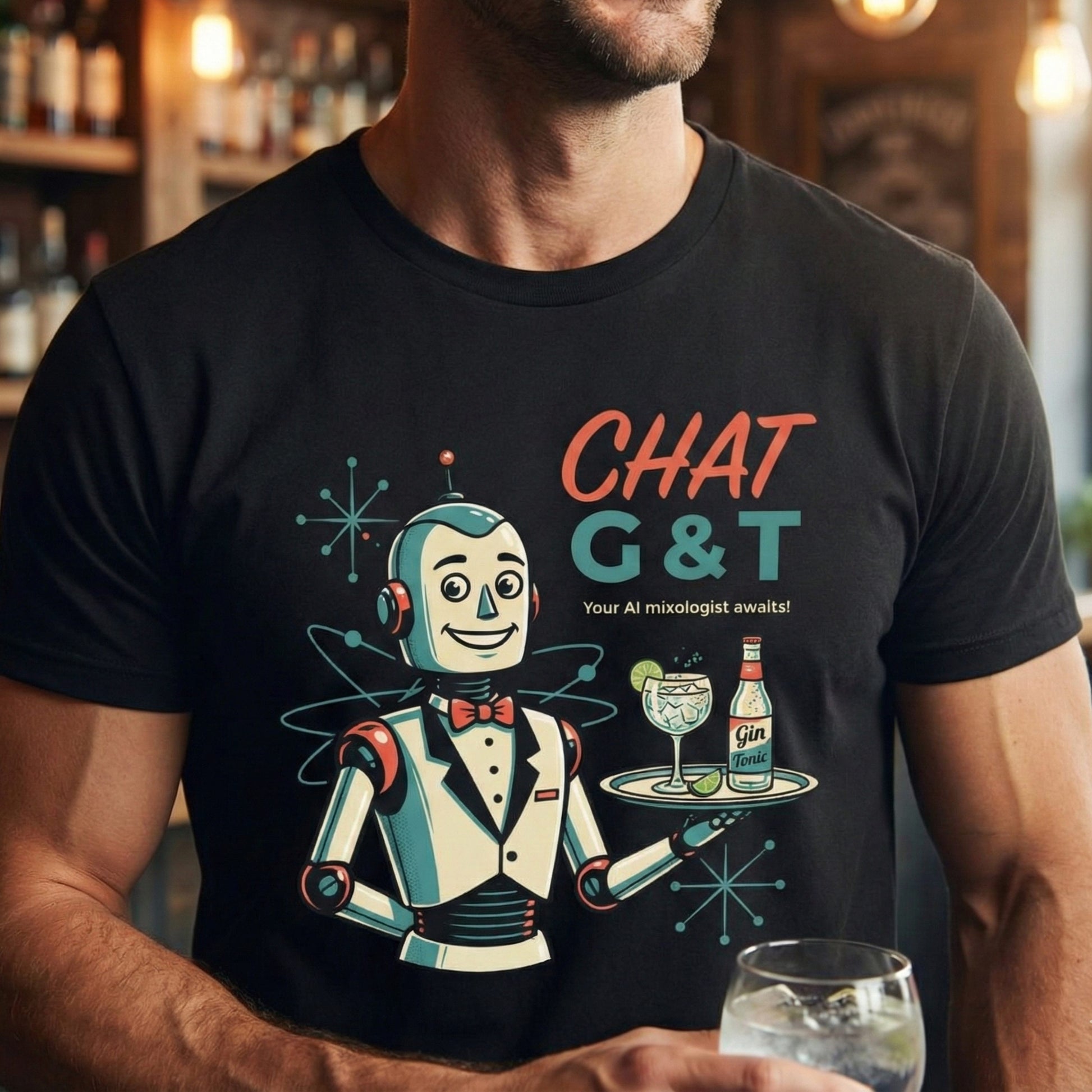 Person wearing a black t-shirt with a robot design and 'CHAT G&T' text in a bar setting.