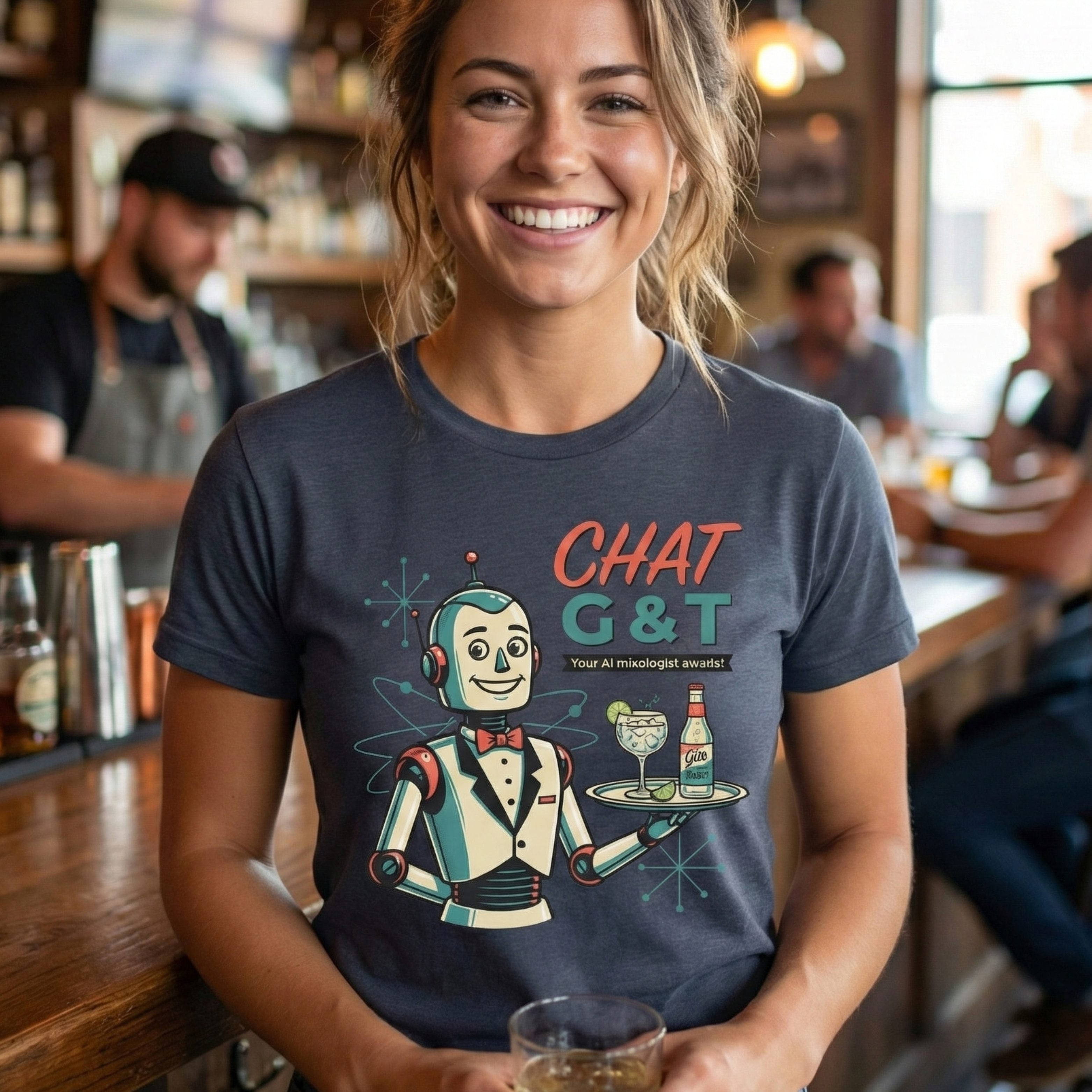 Woman wearing a t-shirt with a robot graphic and 'CHAT G&T' text in a bar setting