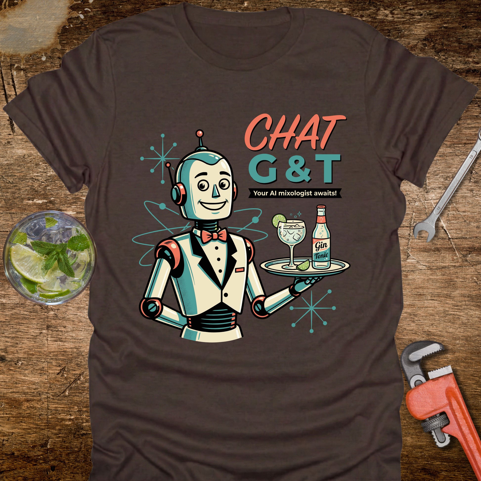 T-shirt with a robot design holding a tray of drinks on a wooden surface.