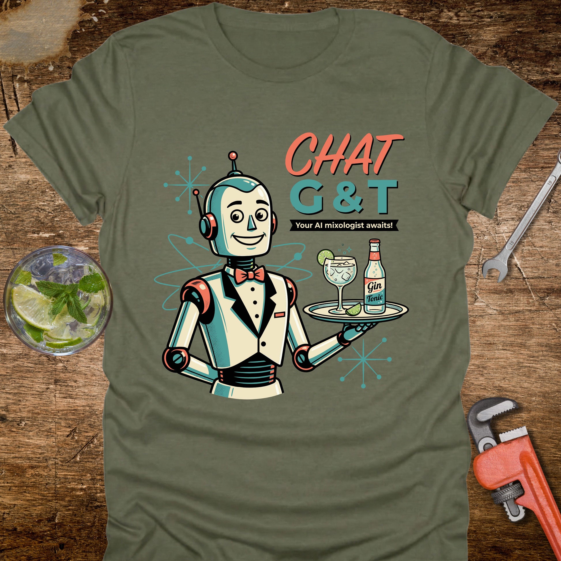 Green t-shirt with a robot design holding a tray of drinks on a wooden surface.