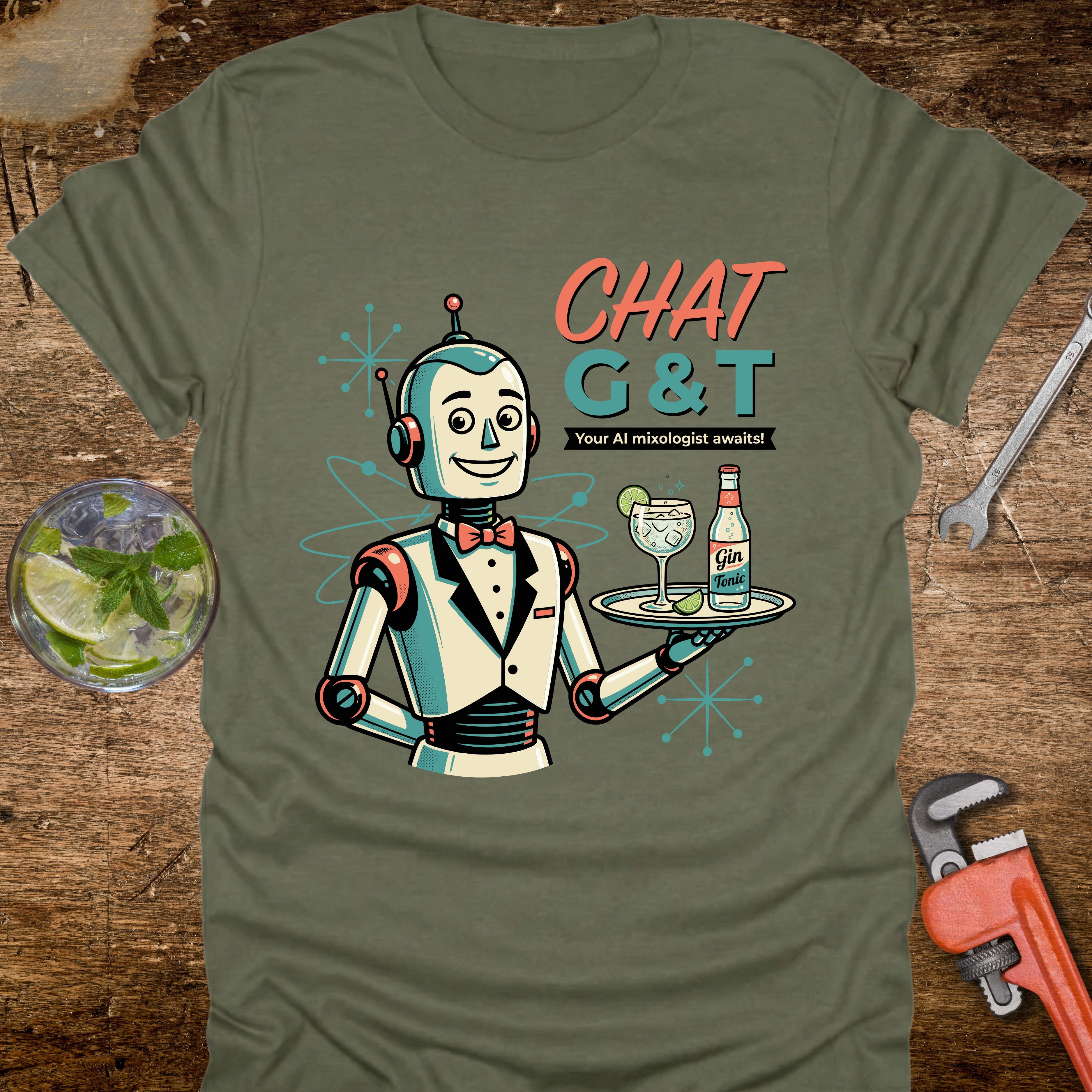 Green t-shirt with a robot design holding a tray of drinks on a wooden surface.