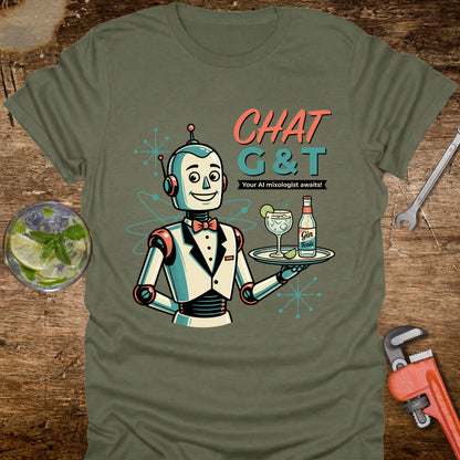 Green t-shirt with a robot design holding a tray of drinks on a wooden surface.