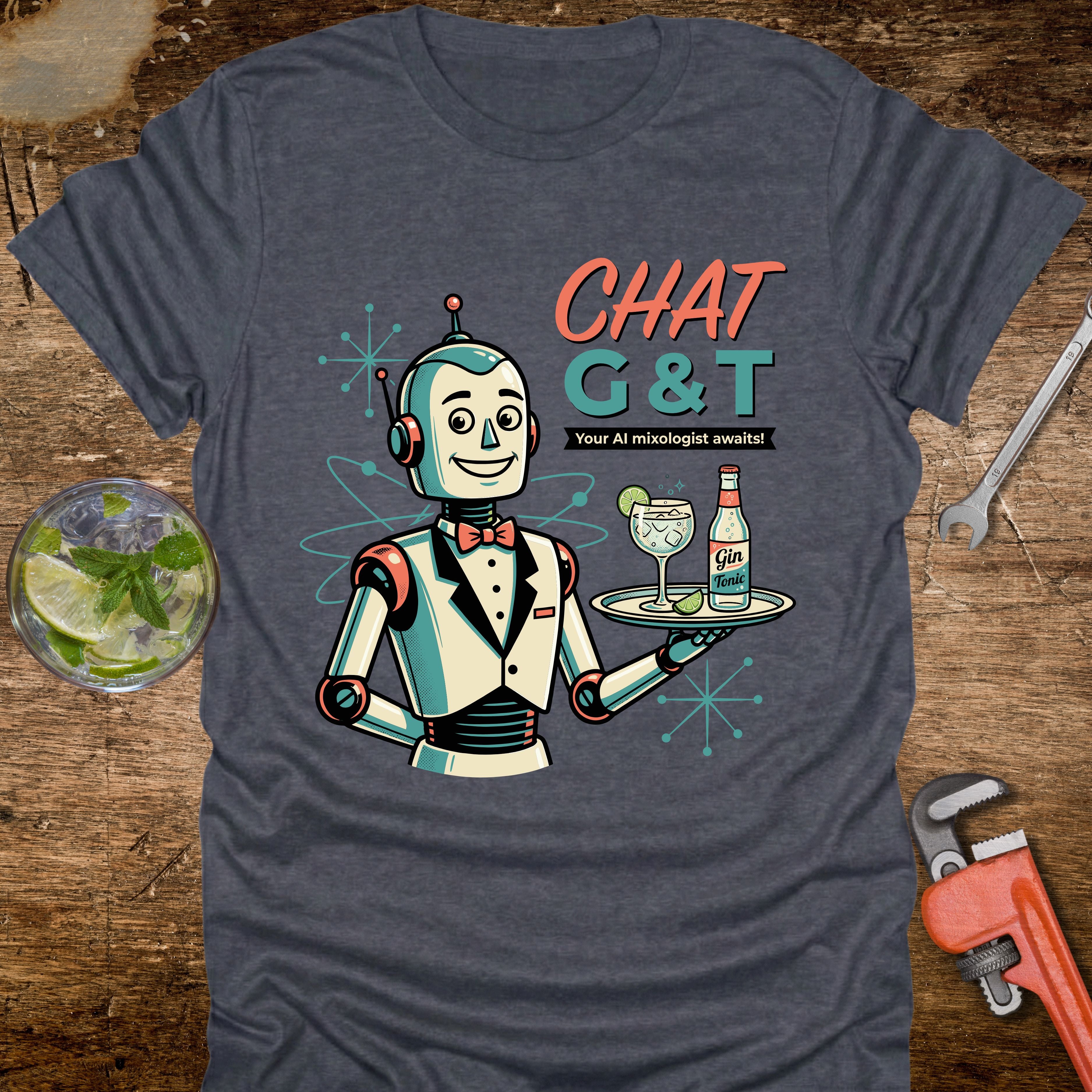 T-shirt with a robot design holding a tray with drinks on a wooden surface