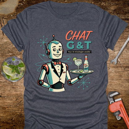 T-shirt with a robot design holding a tray with drinks on a wooden surface