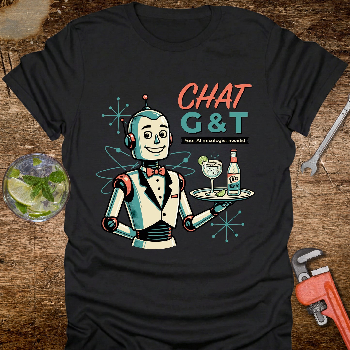 Black t-shirt with a robot design holding a tray of drinks on a wooden surface.