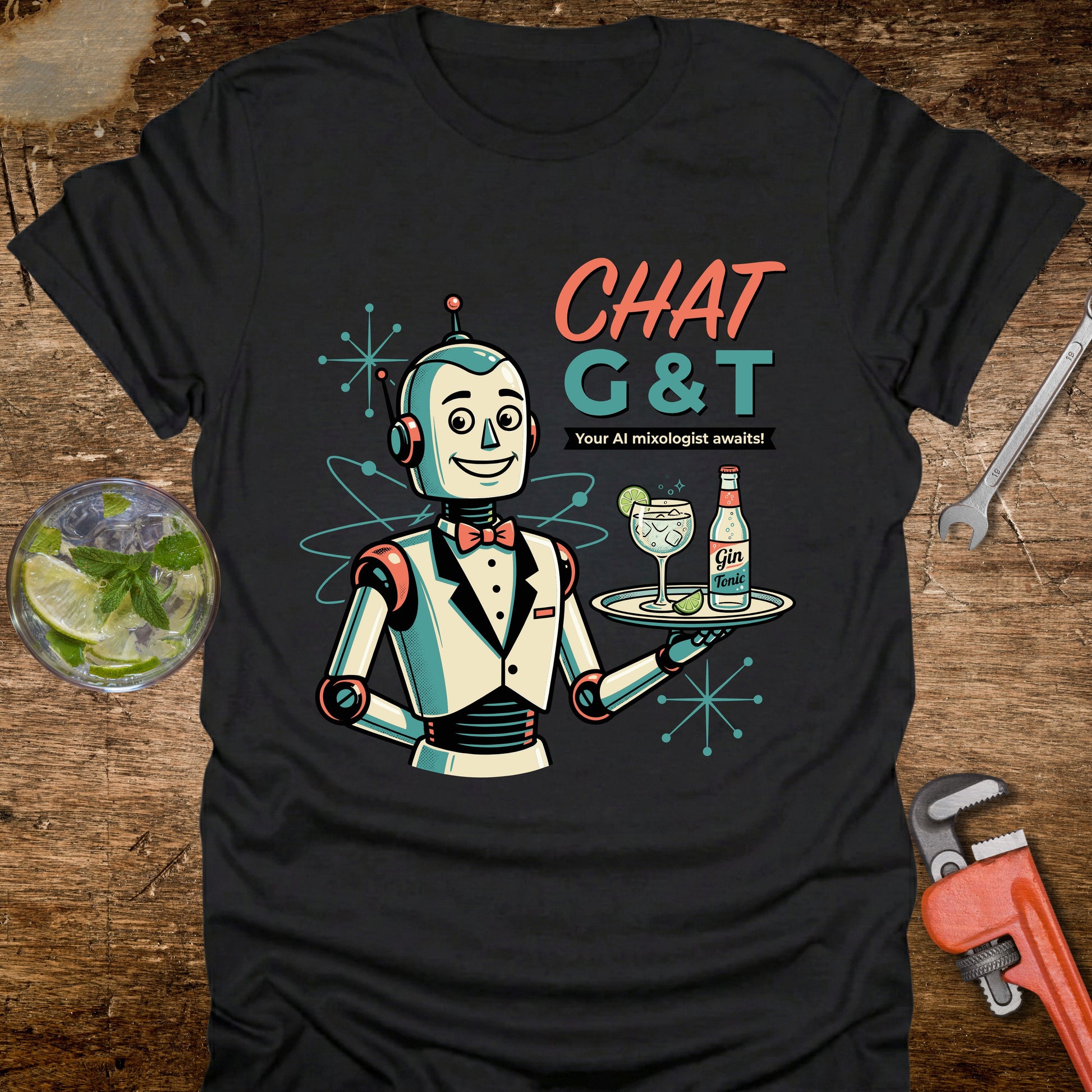 Black t-shirt with a robot design holding a tray of drinks on a wooden surface.
