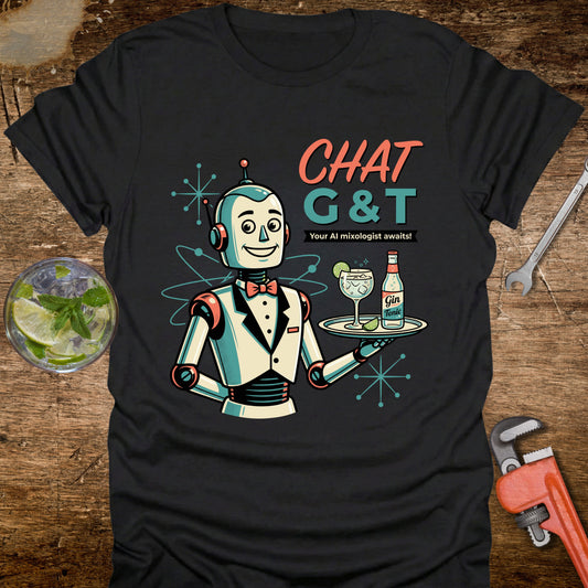 Black t-shirt with a robot design holding a tray of drinks on a wooden surface.