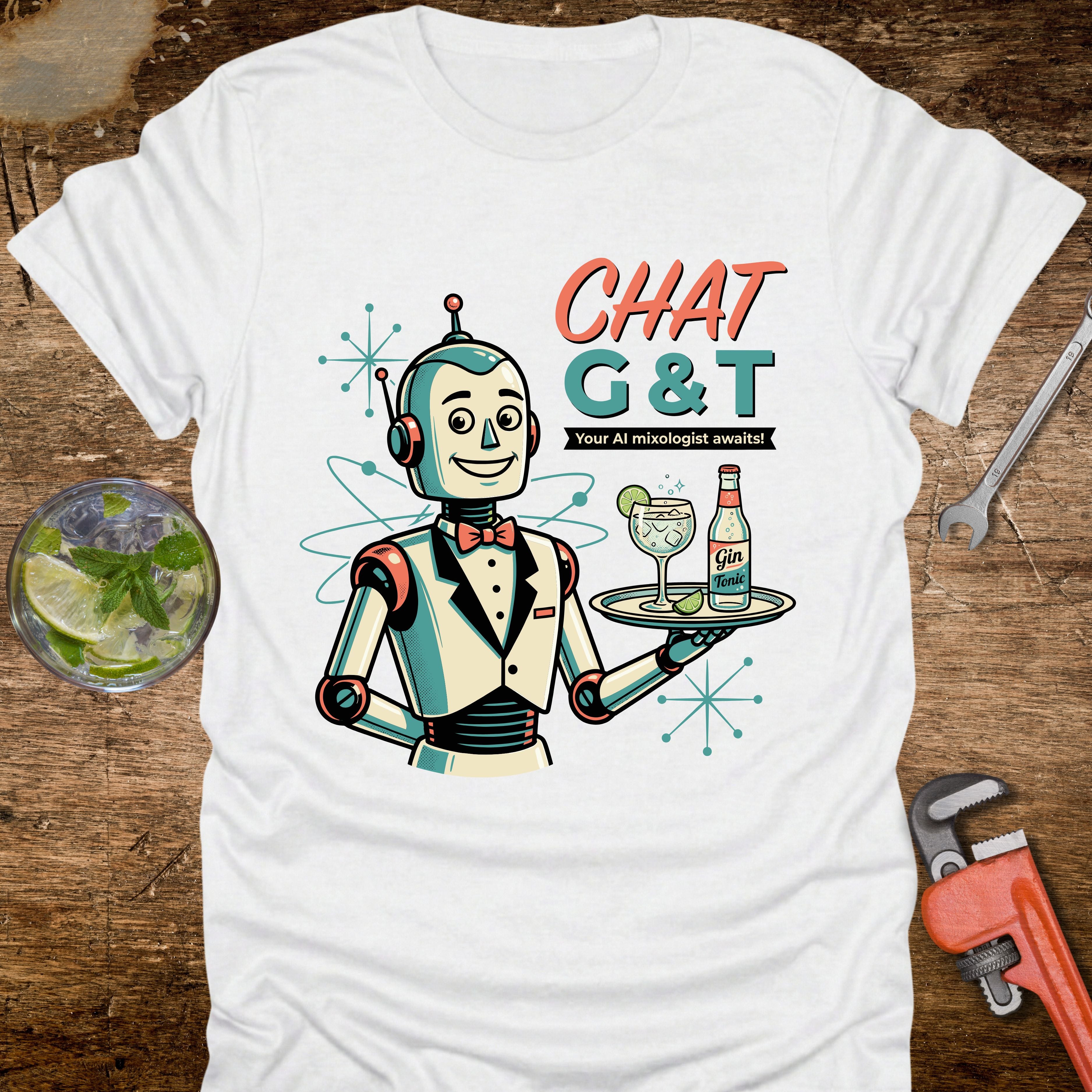 White t-shirt with a robot design holding drinks on a wooden surface