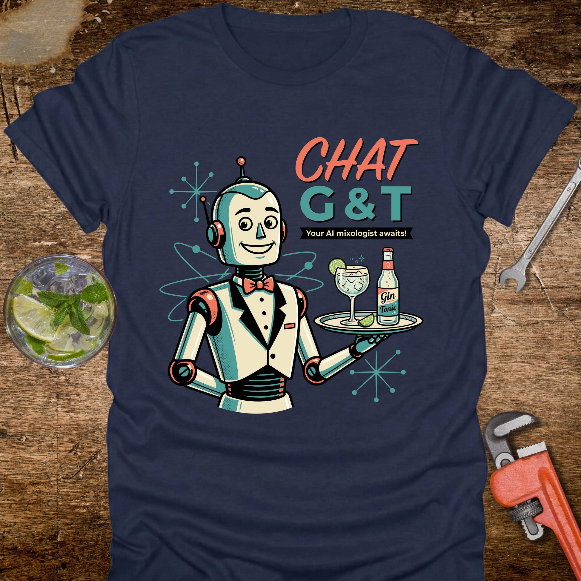 Navy blue t-shirt with a robot design holding a drink tray on a wooden surface.
