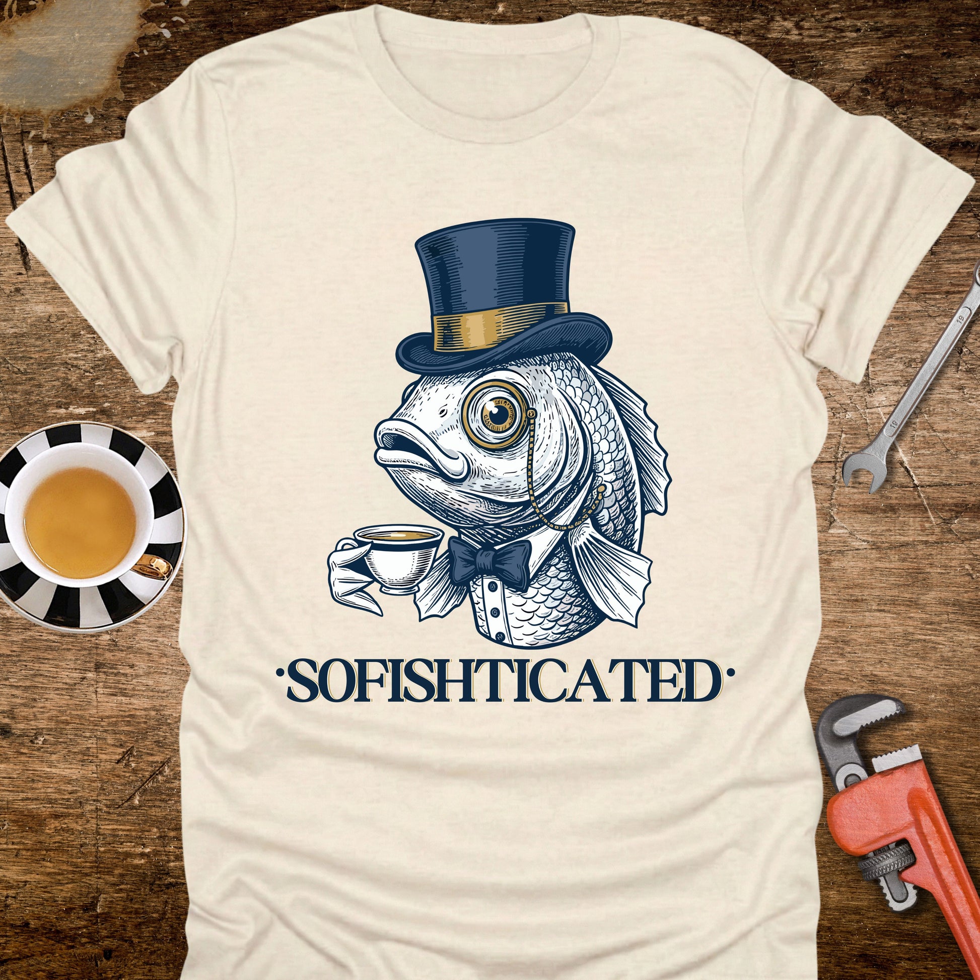 Beige t-shirt with a fish wearing a top hat and bow tie holding a cup, labeled 'Sofishticated', on a wooden surface with a tea cup and tools.