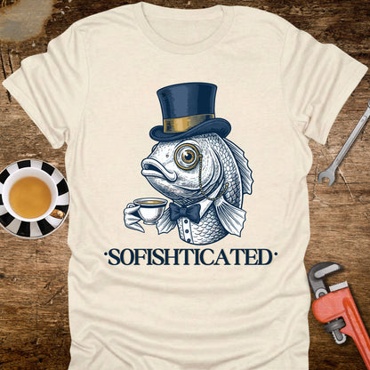 Beige t-shirt with a fish wearing a top hat and bow tie holding a cup, labeled 'Sofishticated', on a wooden surface with a tea cup and tools.