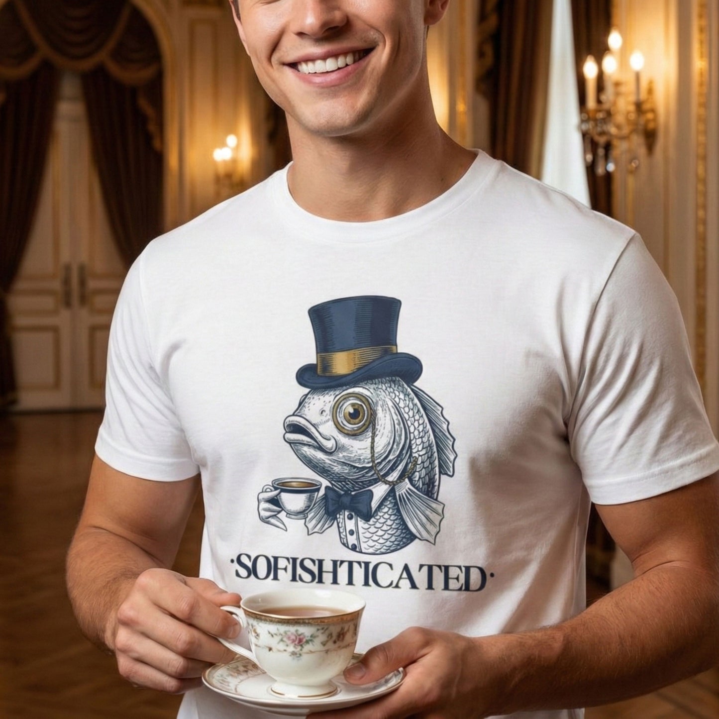 Man wearing a white t-shirt with a fish design holding a tea cup in an elegant room.