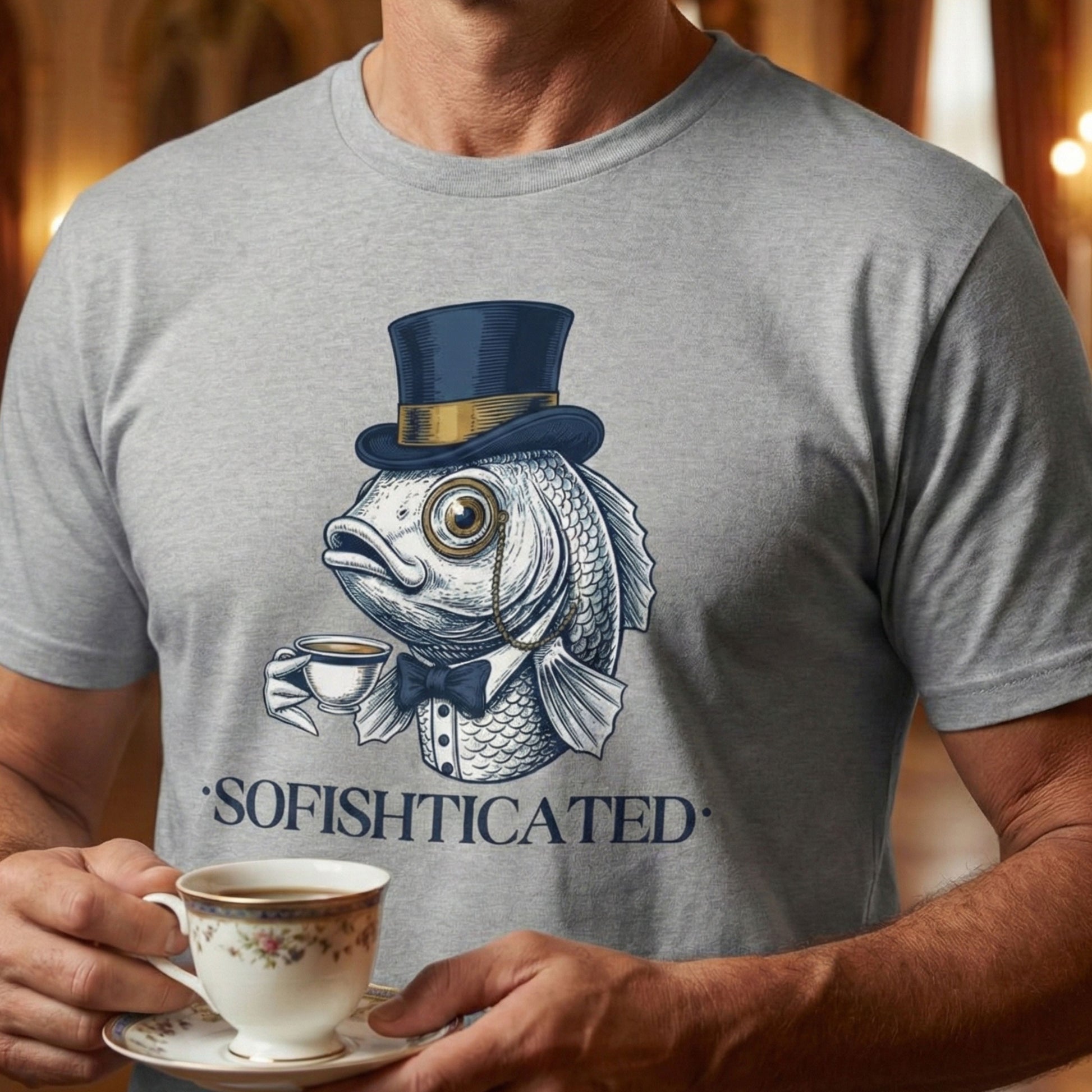 Person wearing a gray t-shirt with a fish design holding a cup and saucer, labeled 'SOFISHTICATED'.