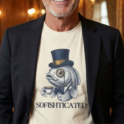 Man wearing a t-shirt with a fish wearing a top hat and bow tie design and the text 'SOFISHTICATED'.
